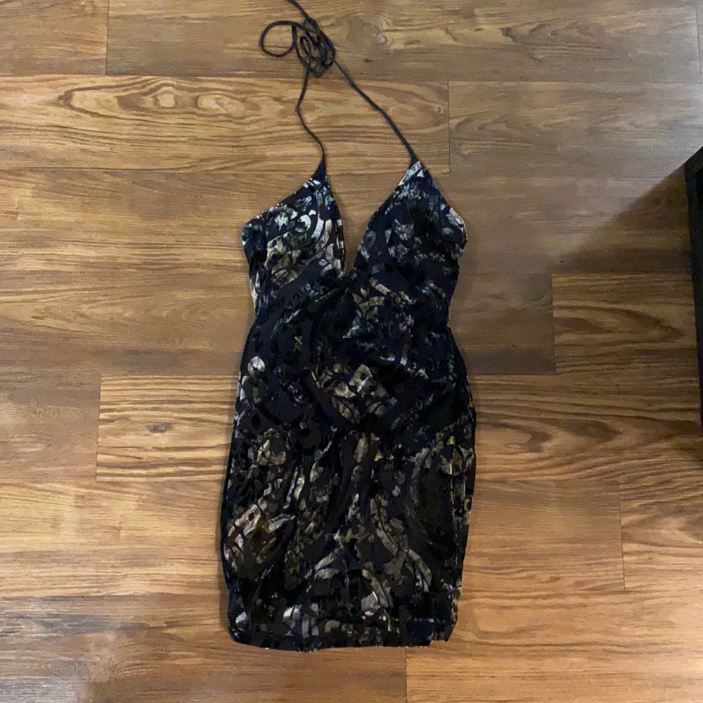 Black halter dress with velvet black and gold detail!